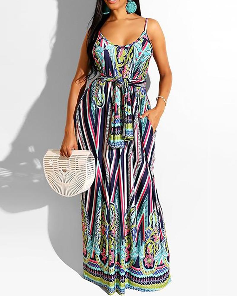 

Tie Front Graphic Print Spaghetti Strap Maxi Dress, Multicolor