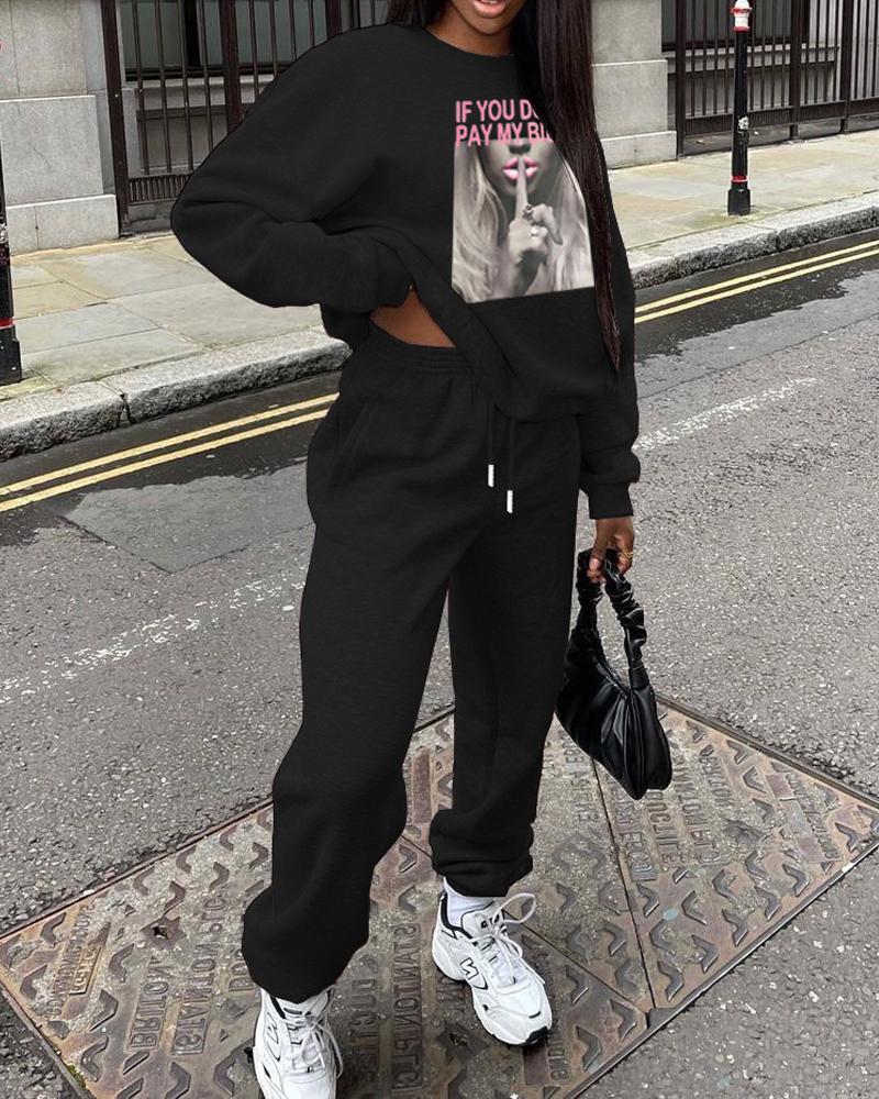 

Slogan Print Long Sleeve Top & Drawstring Pants Set, Black