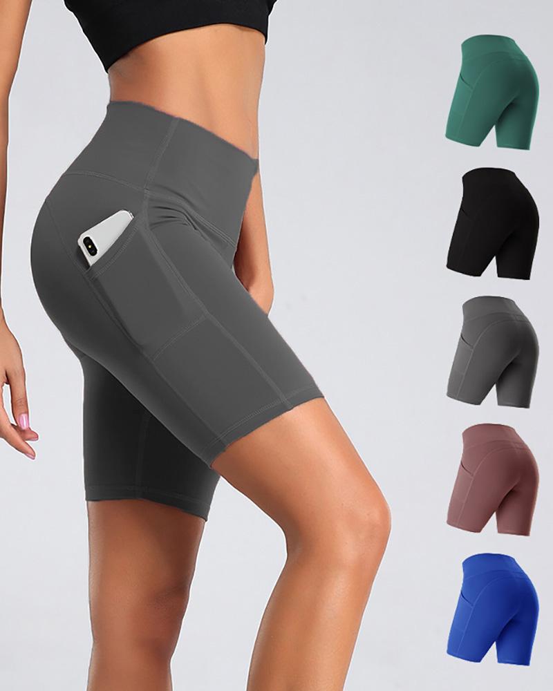 

Pocket Design High Waisted Pocket Design Butt Lifting Yoga Shorts, Gray