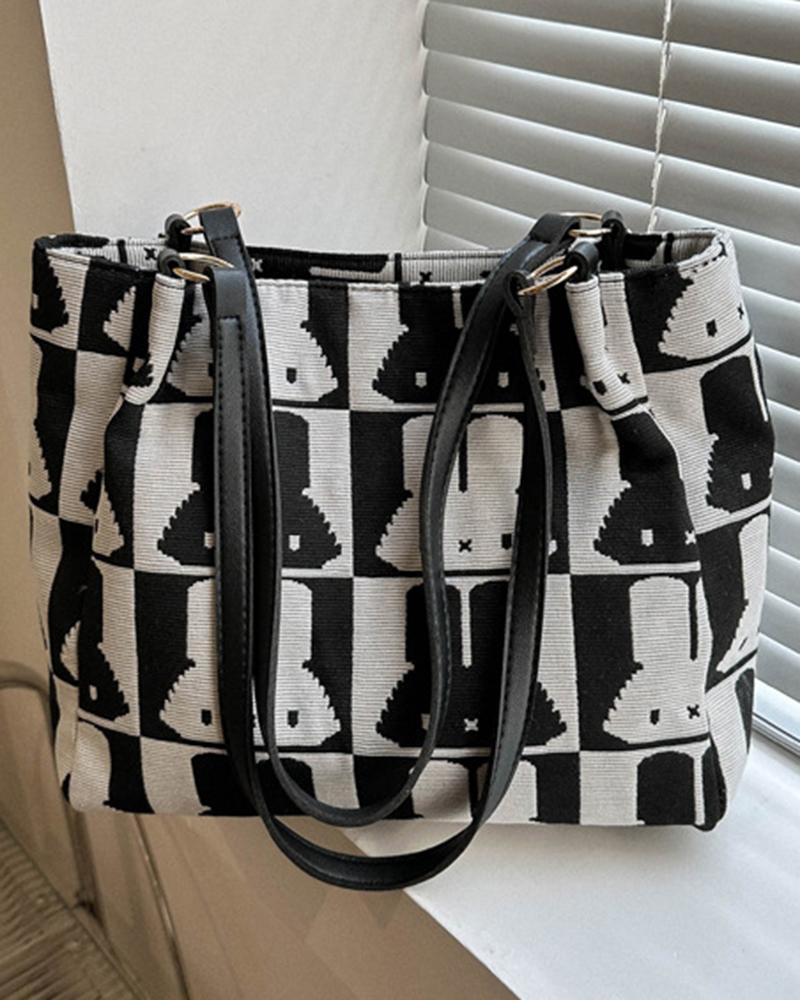 

Cartoon Rabbit Print Colorblock Shoulder Bag, Black