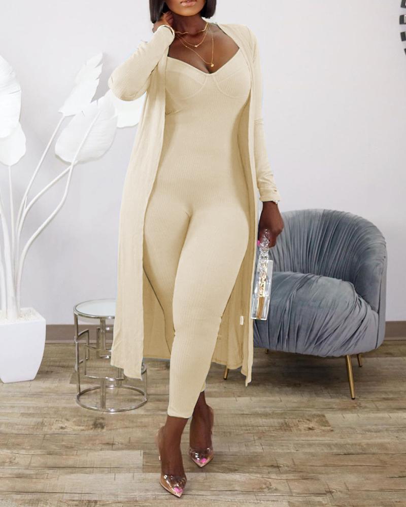 

Ribbed Plain Skinny Jumpsuit & Longline Coat Set, Nude
