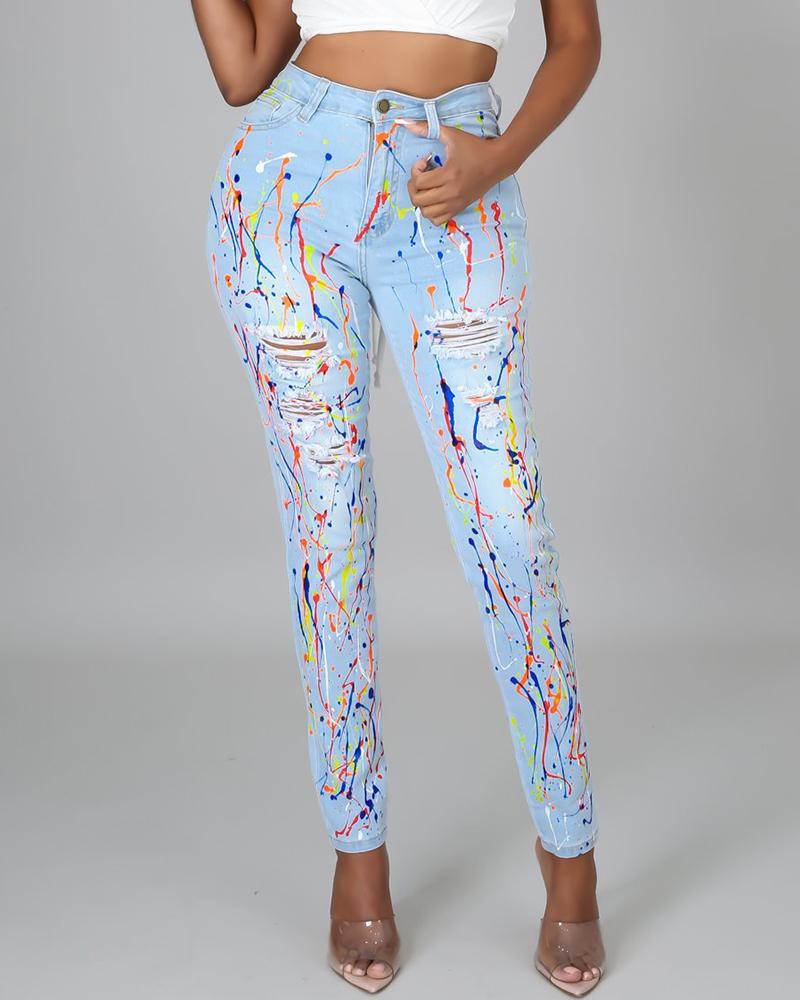 

Ink Splash Print Ripped High Waist Denim Pants, Light blue