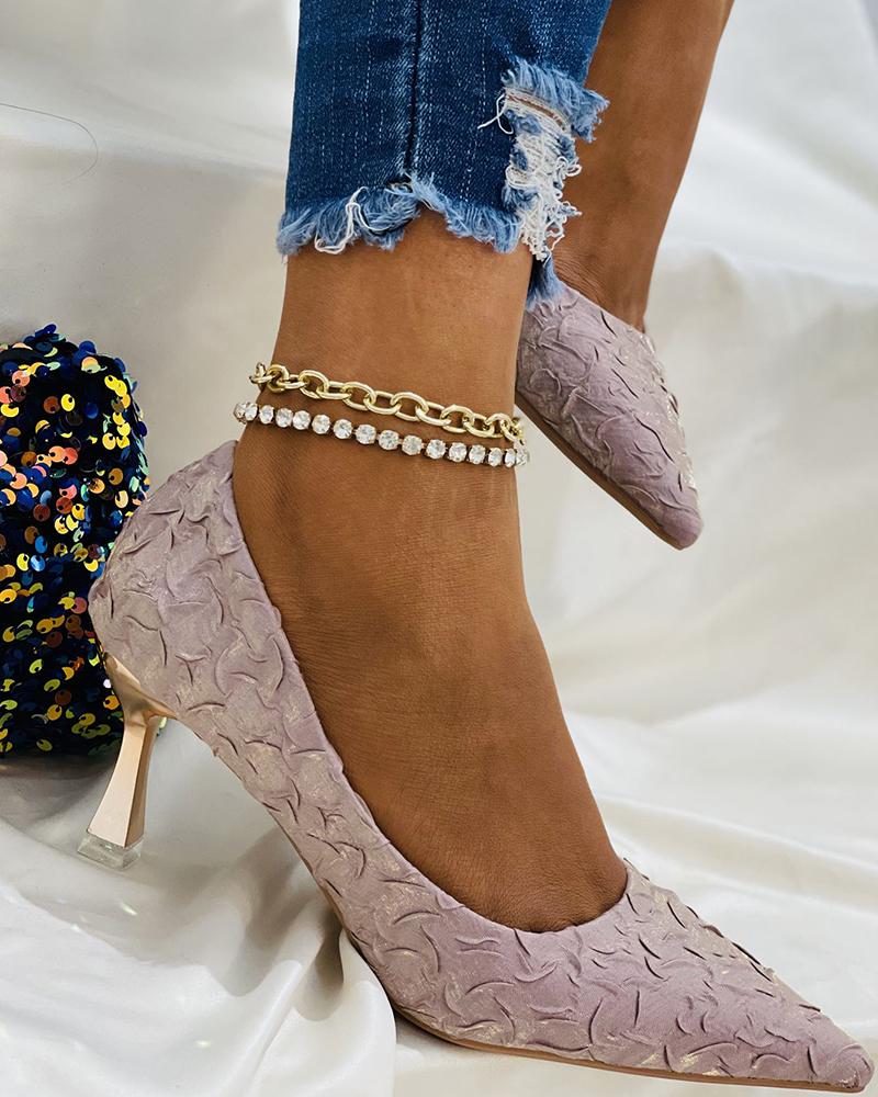 

Embossed Pointed Toe Pyramid Heels, Pink