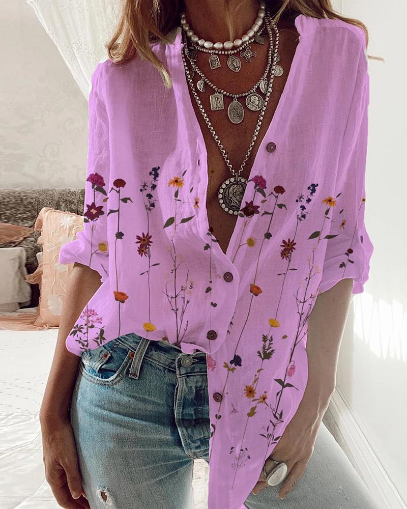 

Floral Print Button Design Long Sleeve Top, Purple