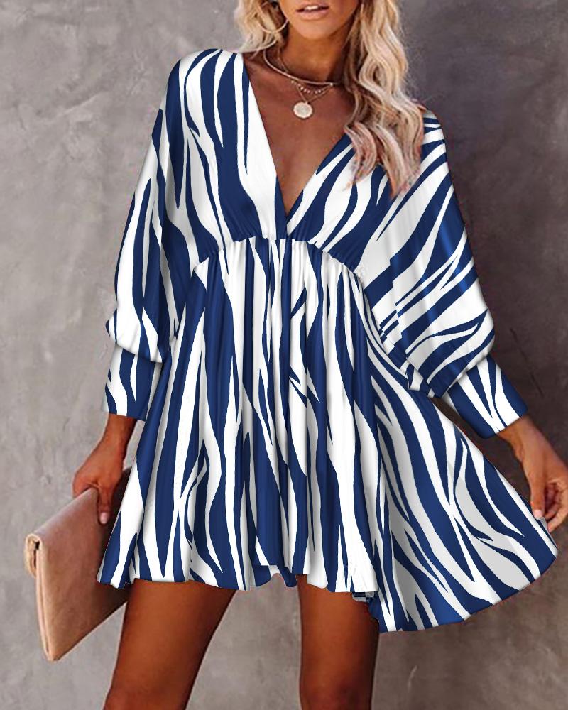 

Zebra Stripe Print V-Back Tied Detail Swing Dress, Blue