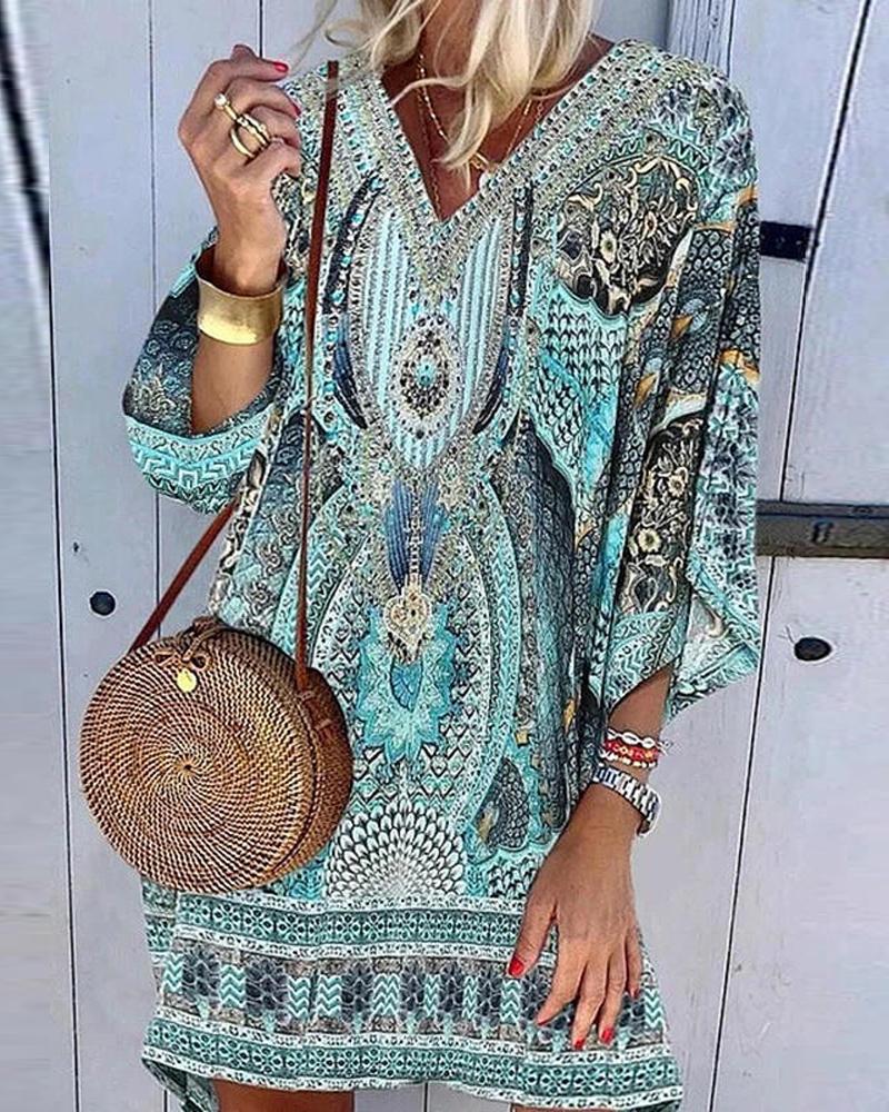 

Retro Tribal Print V-Neck Casual Dress, Green
