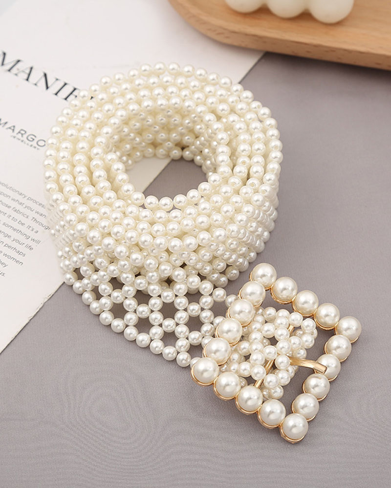 

1pc Allover Pearls Geo Buckle Belt, Style2