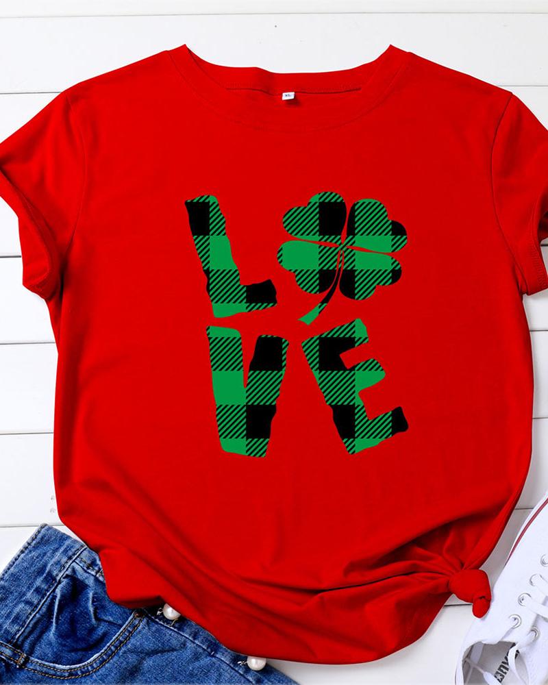 

Plaid & Letter Print Short Sleeve Casual T-shirt, Red