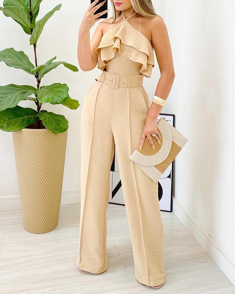 

Ensemble haut dos nu et pantalon passepoil à ourlet volanté, Apricot