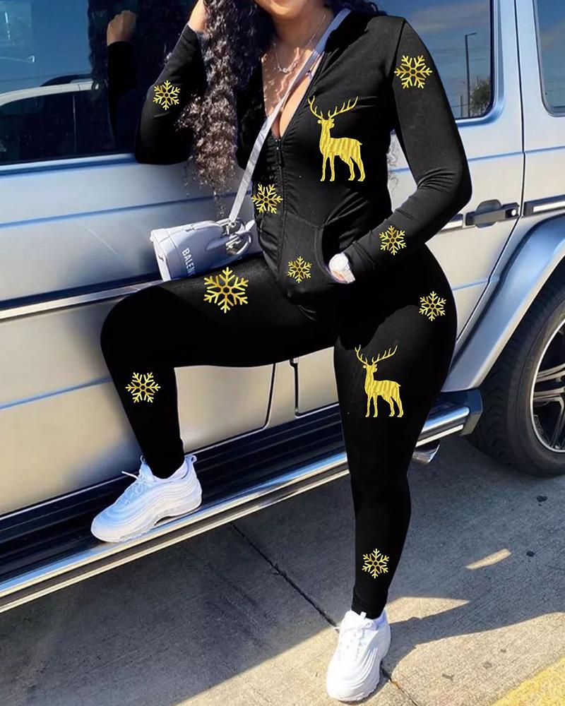 

Plus Size Christmas Print Long Sleeve Top & Pants Set, Black