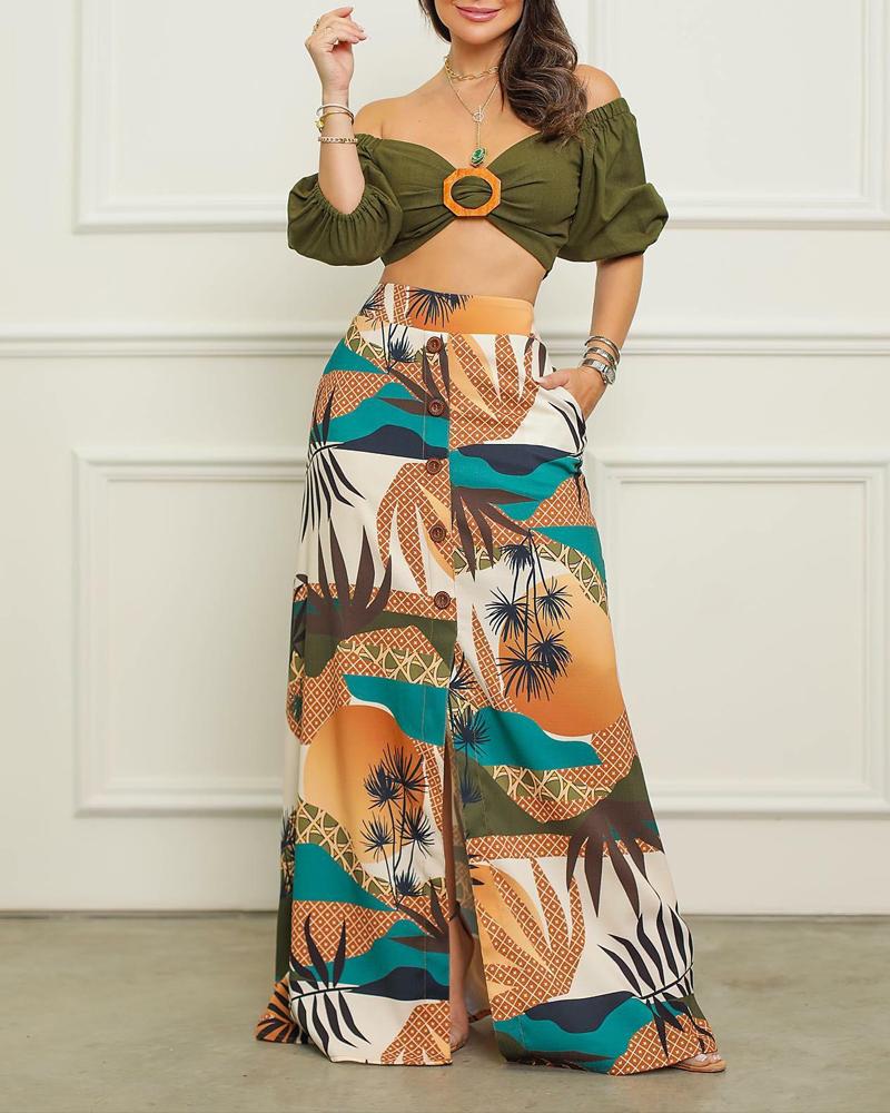 

Off Shoulder Crop Top & Tropical Print Buttoned Skirt Set, Green