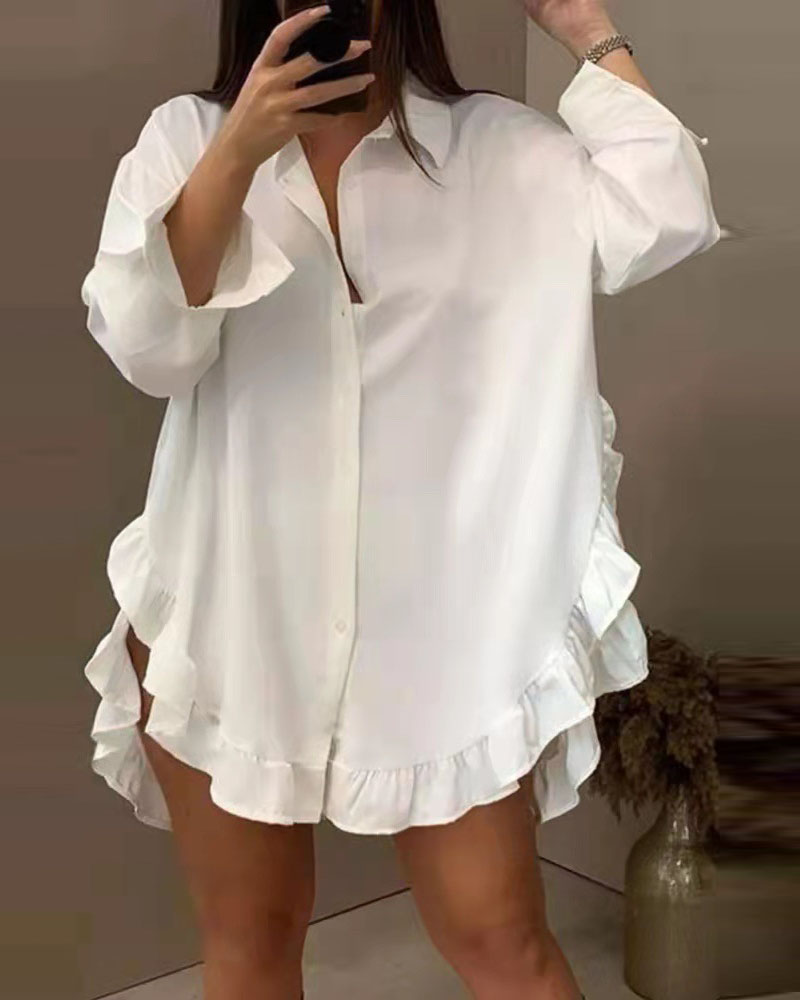 

Long Sleeve Ruffle Hem Button Up Shirt Dress, White