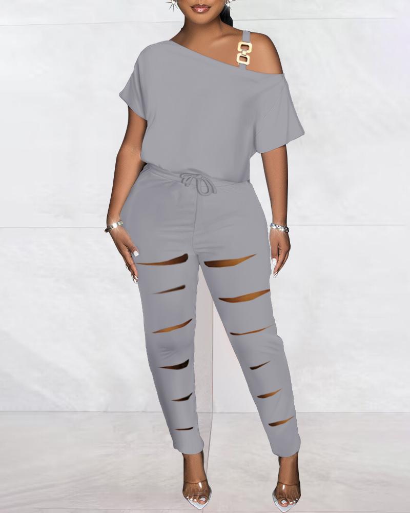 

Cold Shoulder Ladder Cutout Jumpsuit, Gray