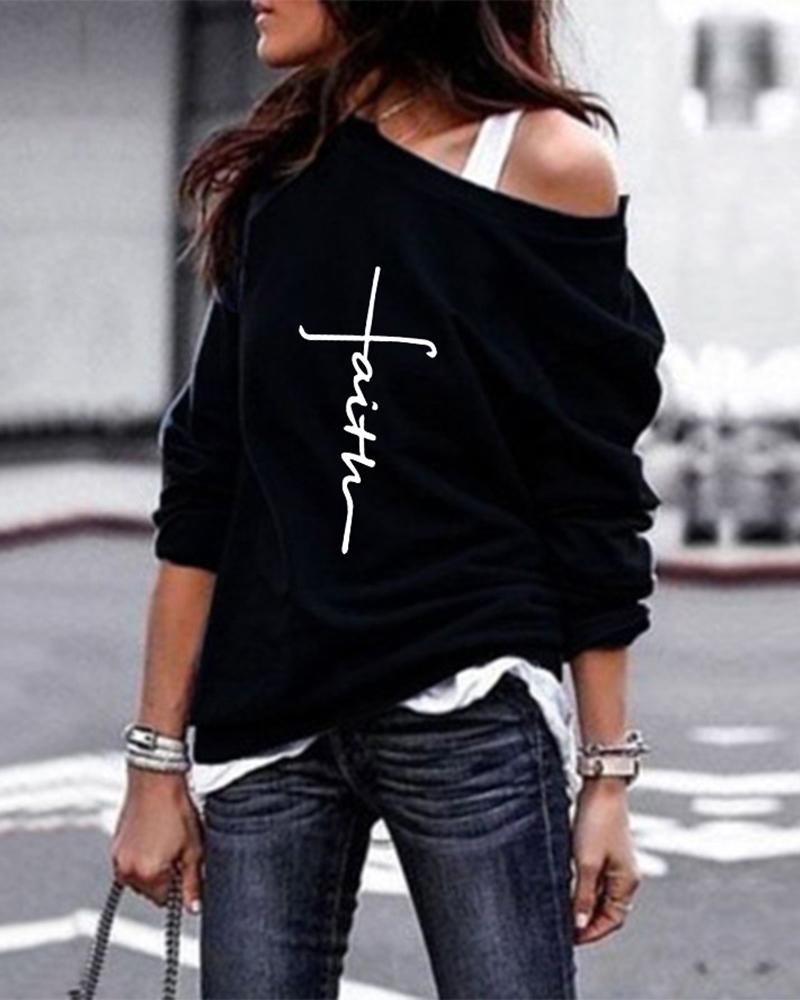 

Letter Print Long Sleeve Round Neck Sweatshirt, Black