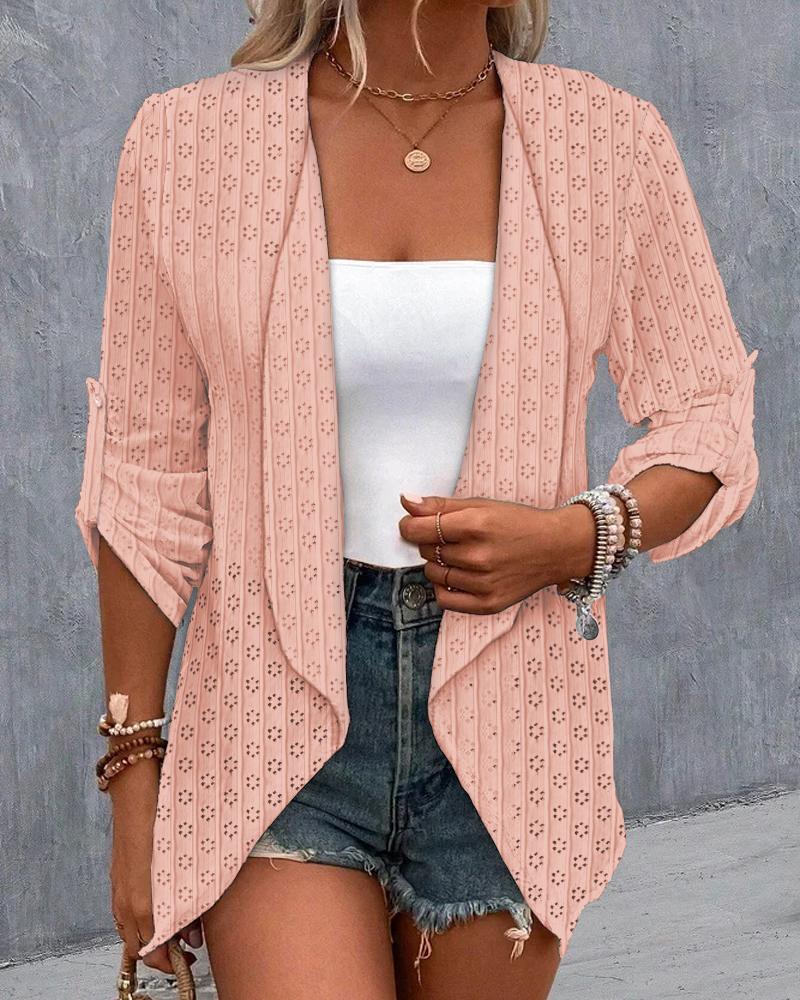 

Eyelet Embroidery Buttoned Roll Up Sleeve Open Front Coat, Pink