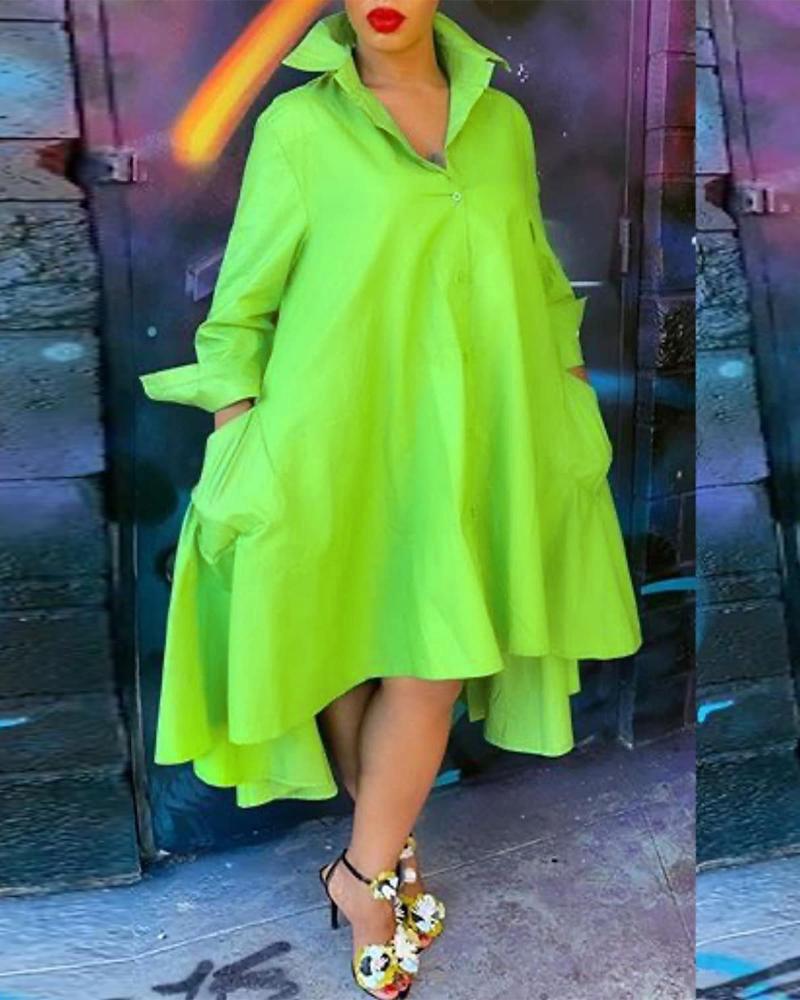 

Long Sleeve Asymmetrical Hem Shirt Dress, Green