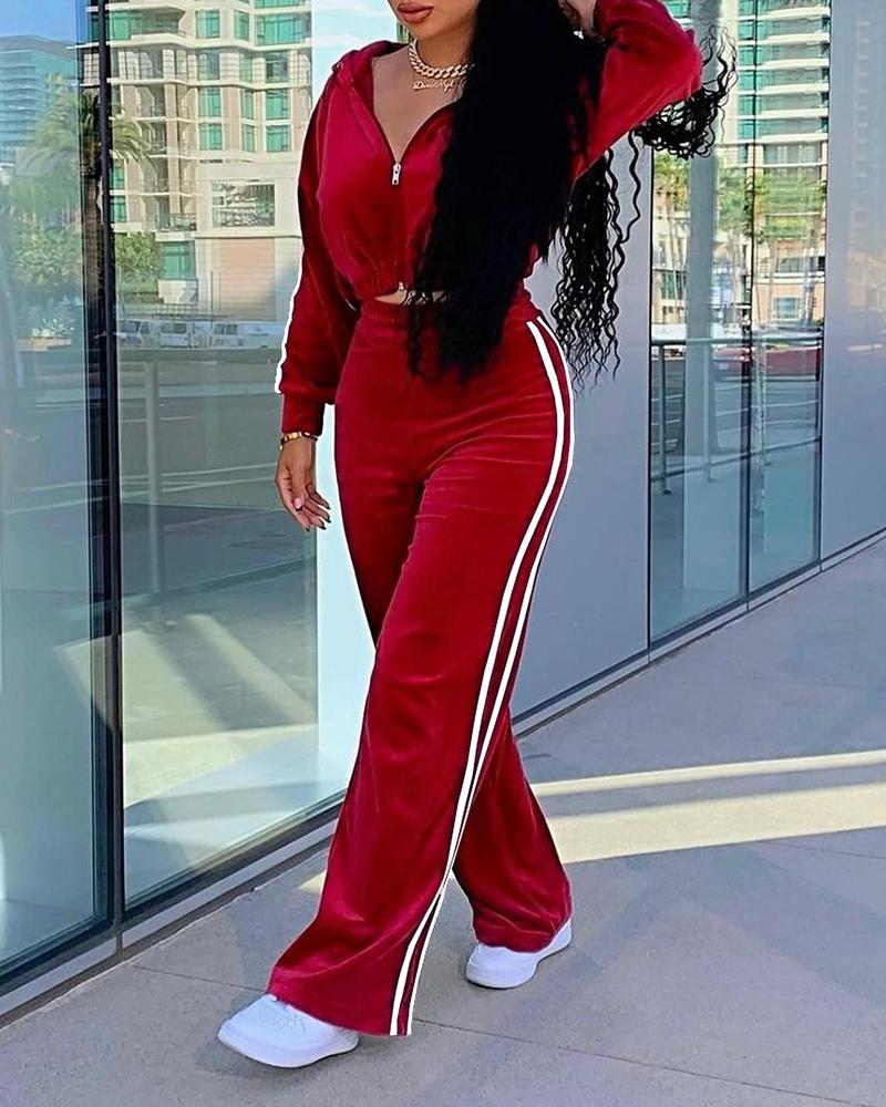 

Striped Tape Zipper Design Hooded Coat & High Waist Pants Set, Wine red