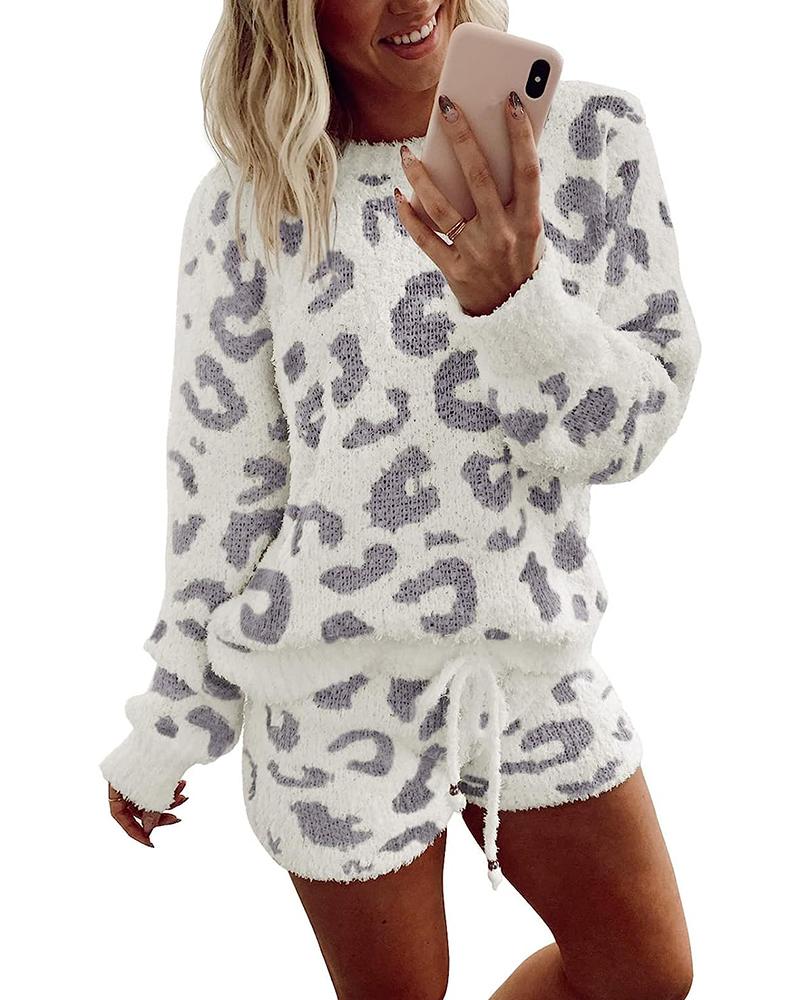 

Leopard Pattern Drawstring Fuzzy Pajamas Set, Light gray