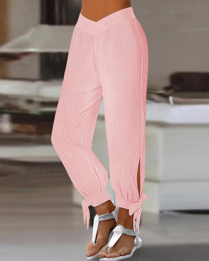 

Overlap Waist Tied Detail Textured Cuffed Pants, Pink