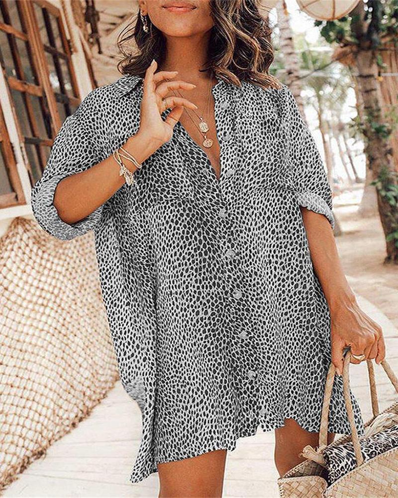 

Cheetah Print Button Front Shirt Dress, Gray