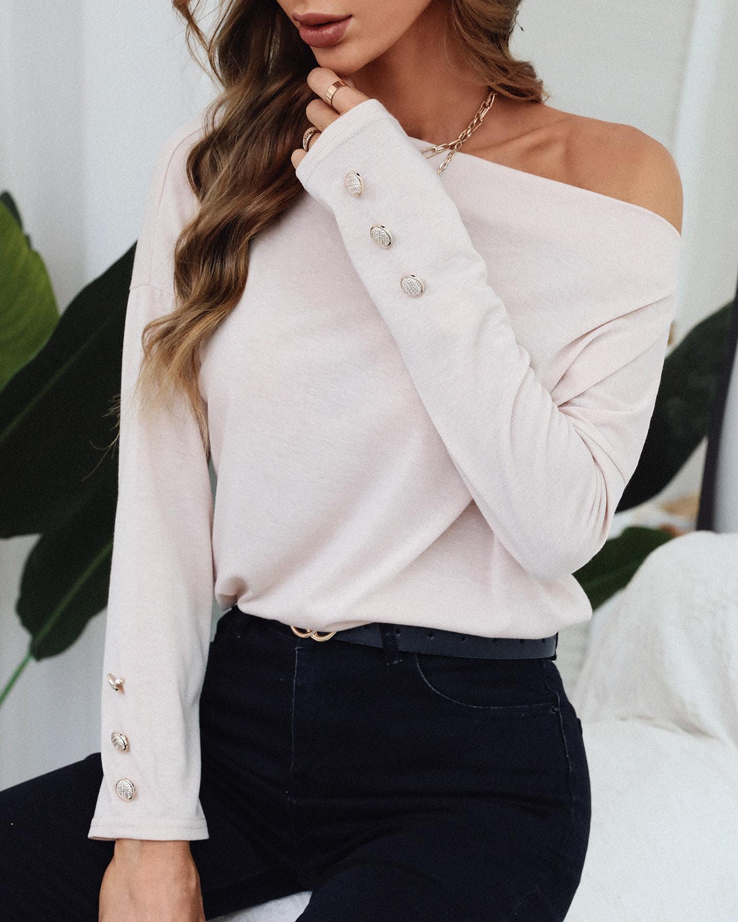 

Button Design Plain Long Sleeve T-Shirt, White