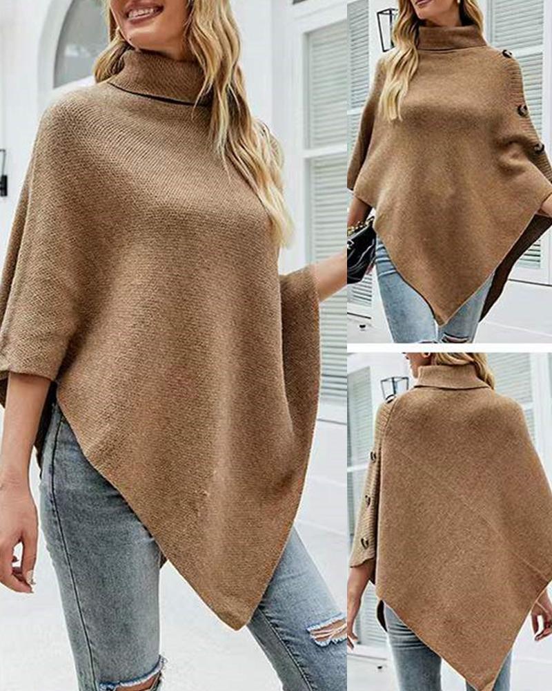 

Button Detail Turtleneck Asymmetrical Hem Cape Sweater, Khaki