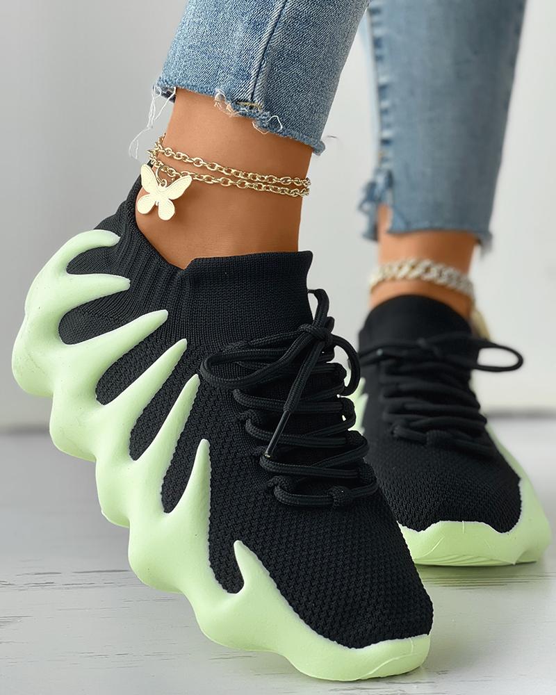 

Contrast Paneled Lace-up Knit Octopus Sneakers, Green