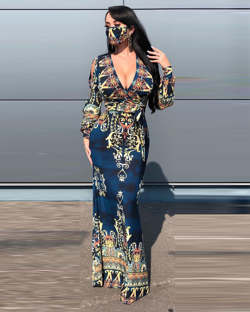 

Tribal Print Plunge Mermaid Dress With Mask, Dark blue