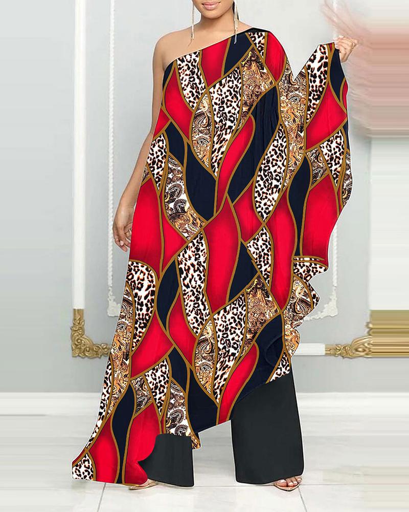 

Baroque Leopard Print One Shoulder Asymmetrical Jumpsuit, Red