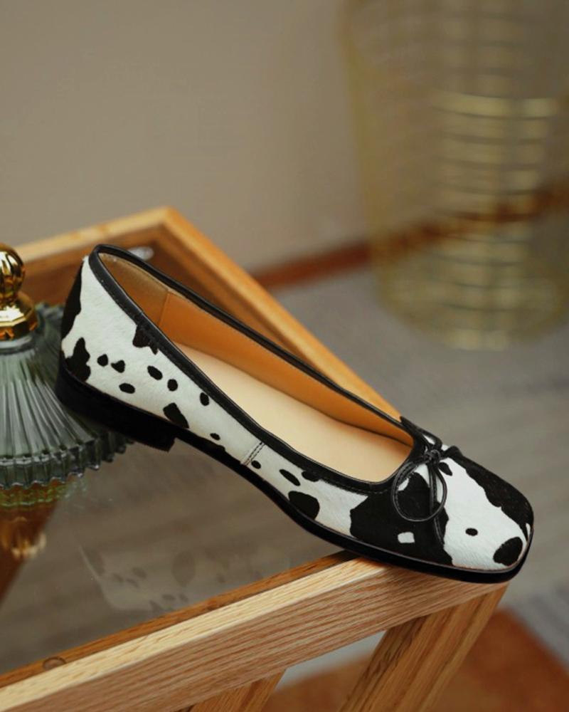 

Square-toe Cow Print Splicing Bow Slip-on, Black