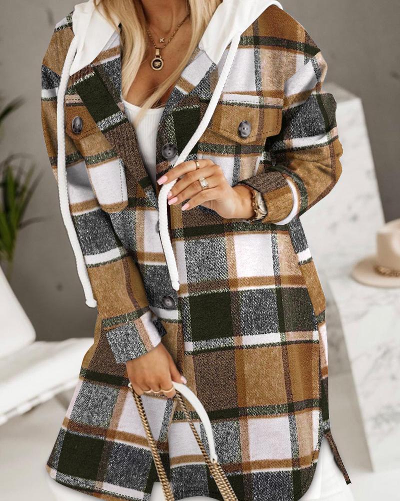 

Plaid Pattern Button Design Hooded Coat, Brown