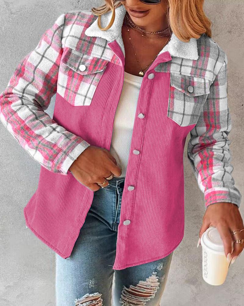 

Chaqueta de pana cálida con cuello vuelto, botones delanteros, bolsillos con solapa y estampado a cuadros, talla grande, Pink