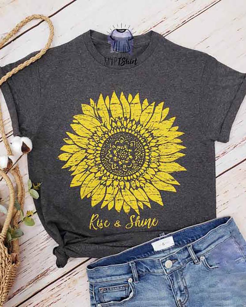 

Sunflower Print Short Sleeve Casual T-shirt, Dark grey