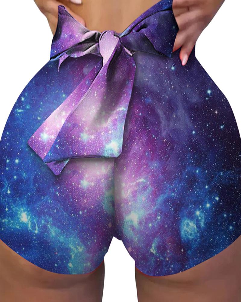 

Bowknot Decor Starry Sky Print Butt Lifting Yoga Shorts, Style1