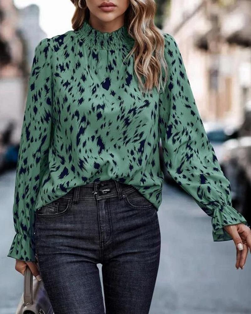 

Frill Hem Animal Print Long Sleeve Top, Green