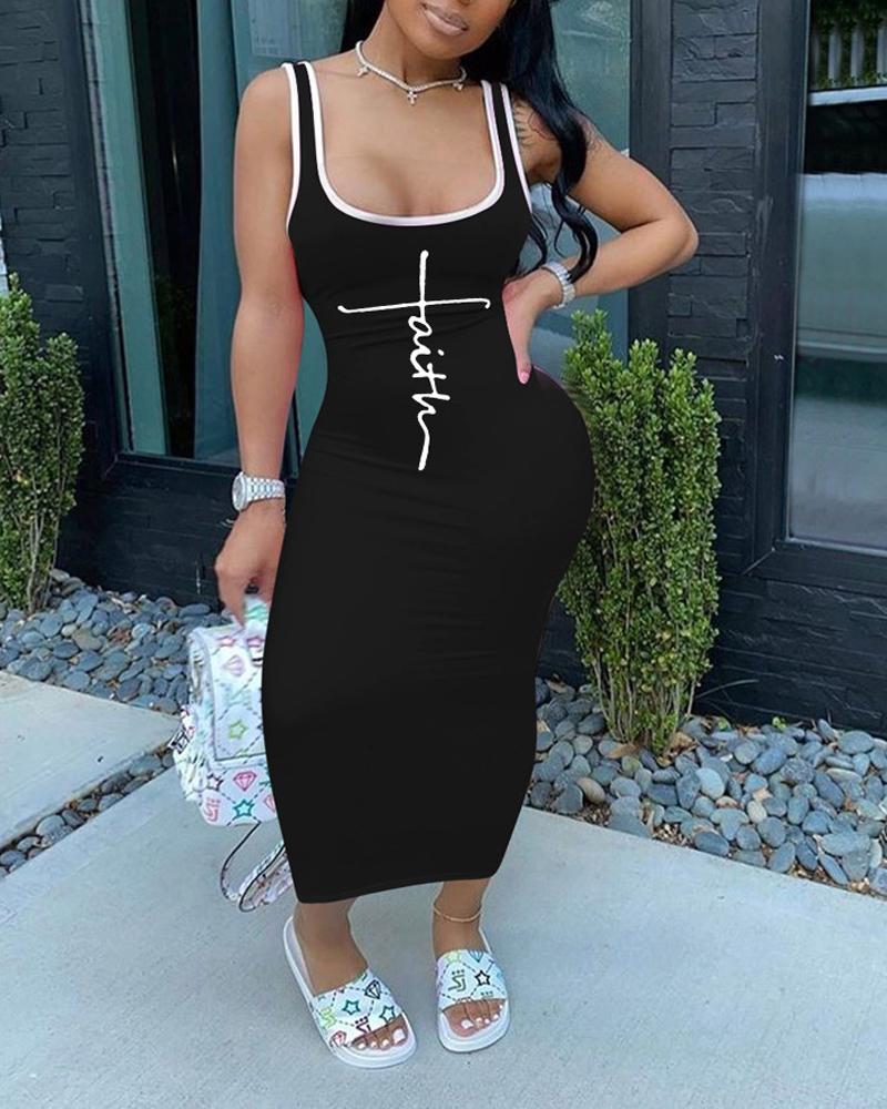 

Letter Print Contrast Binding Casual Tank Dress, Black