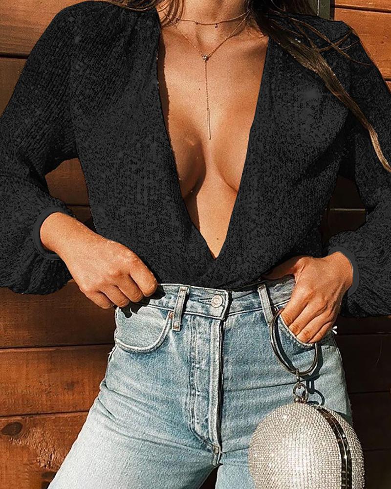 

Plunge Lantern Sleeve Sequin Top, Black