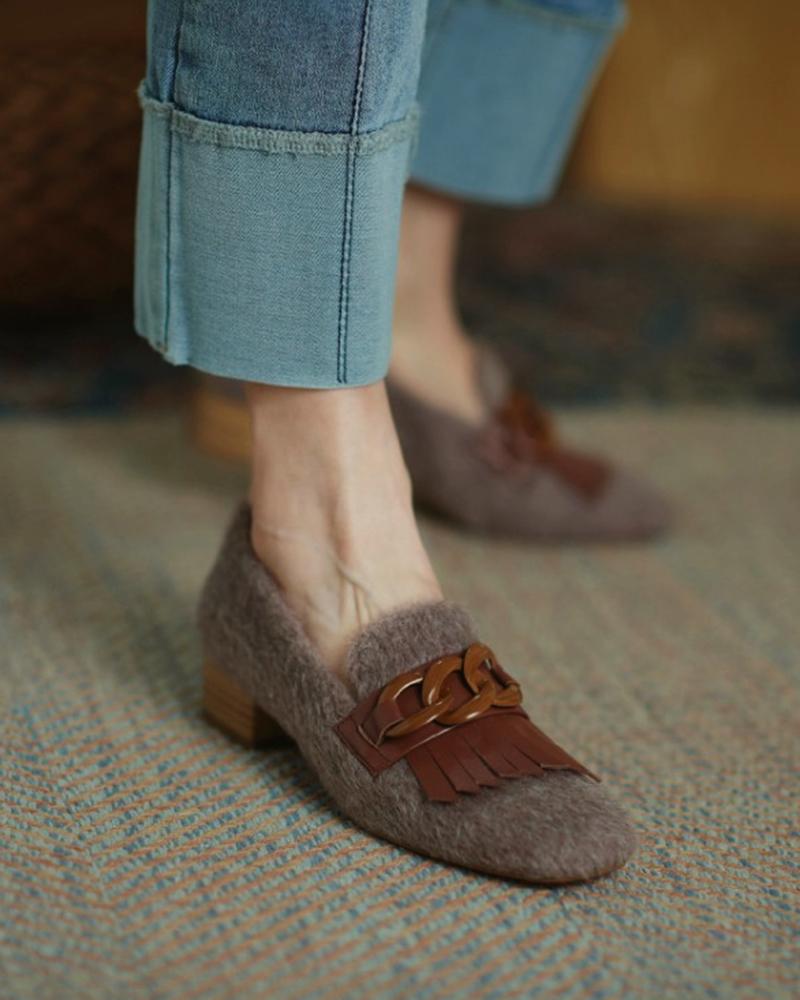 

Chain Design Tassel Fluffy Chunky Loafers, Coffee