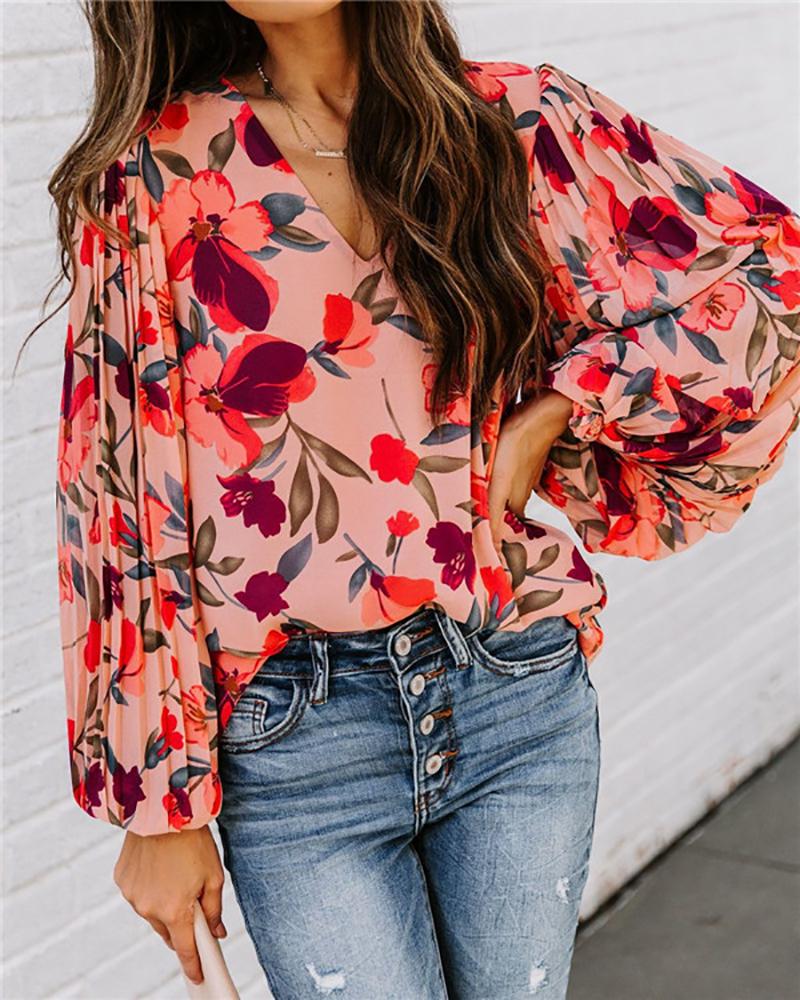 

Floral Print V-Neck Lantern Sleeve Pleated Top, Red