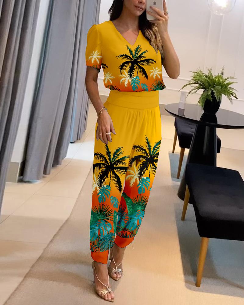 

Coconut Tree Tropical Print Top & Cuffed Pants Set, Yellow