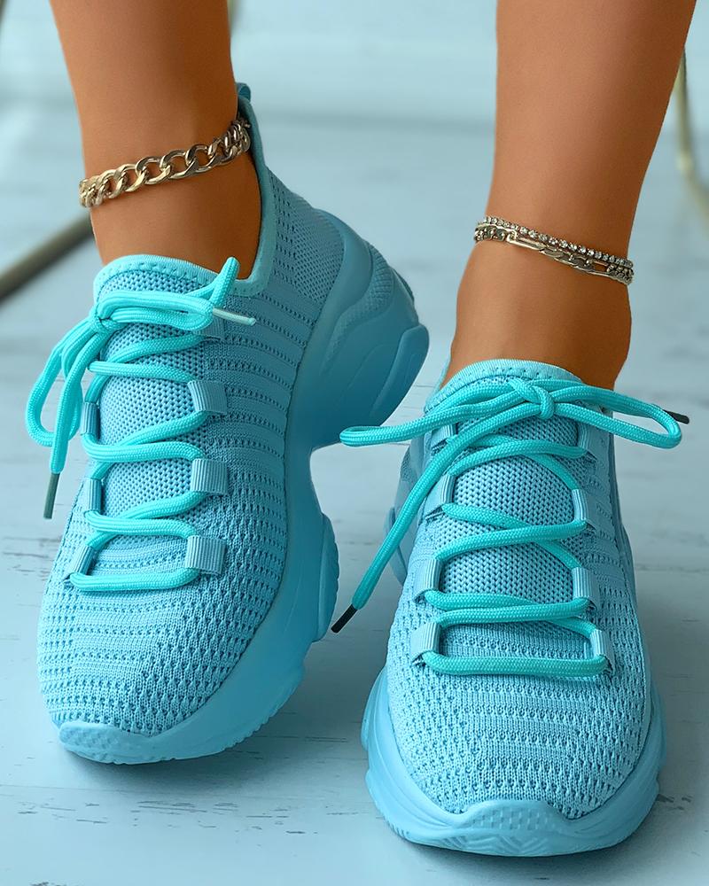 

Letter Pattern Rhinestone Lace-up Muffin Sneakers, Blue