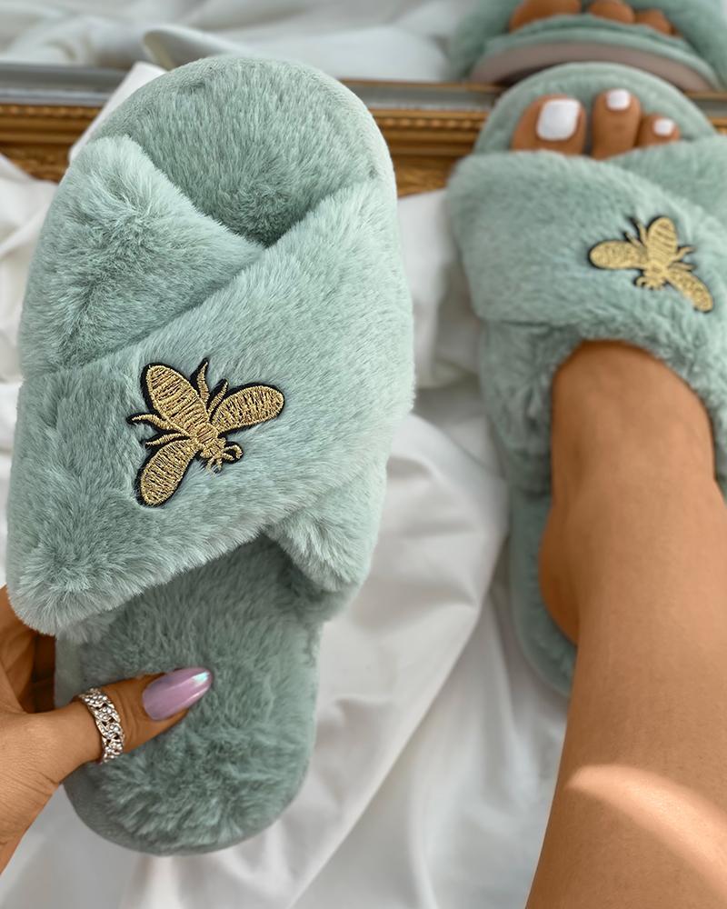 

Bee Embroidery Bandage Strap Fluffy Slippers, Green