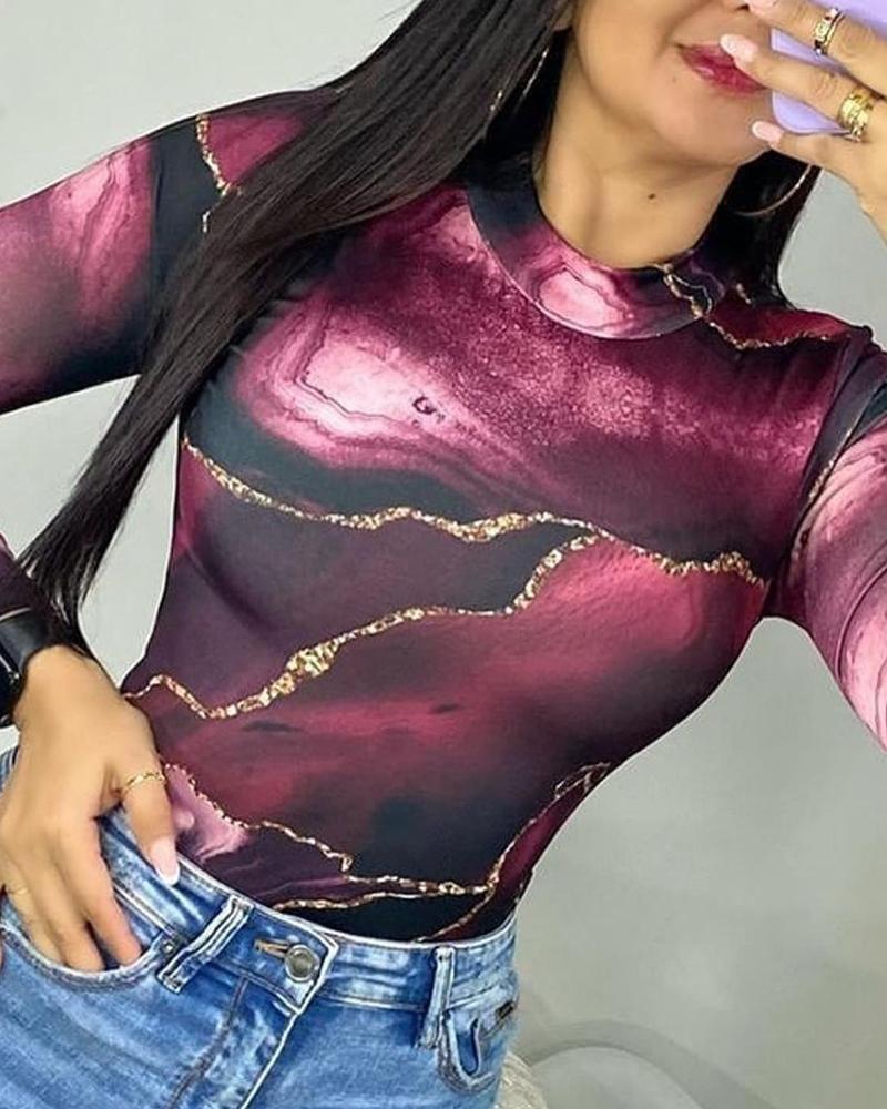 

Marble Print Long Sleeve Skinny Bodysuit, Multicolor
