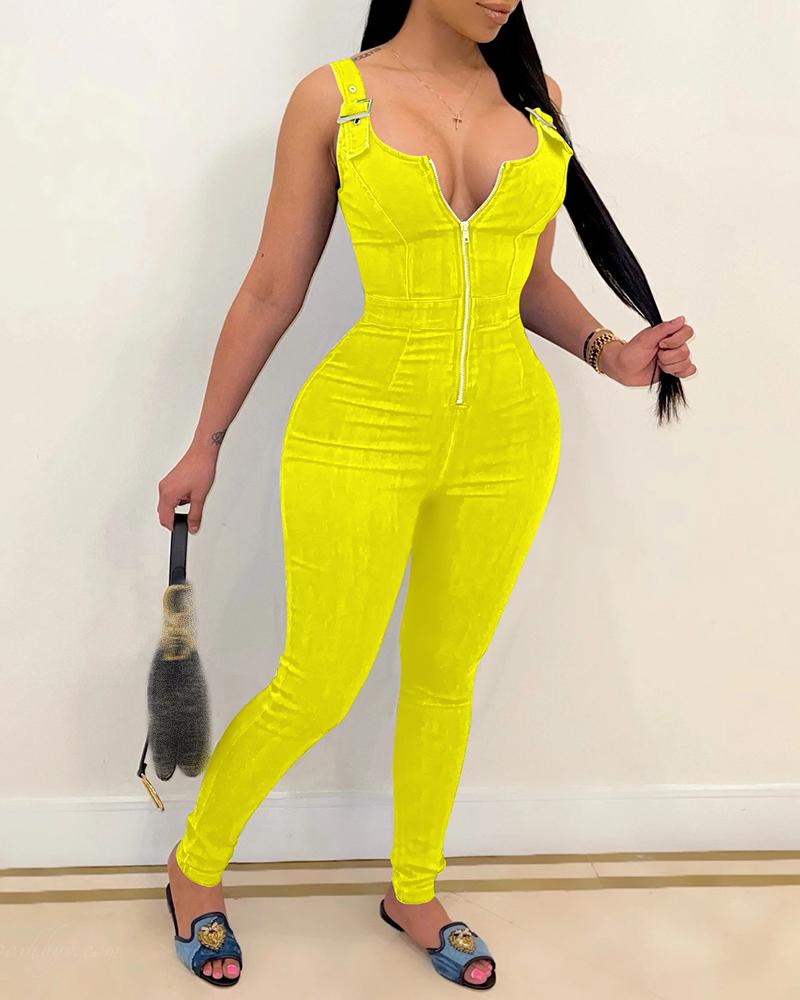 

Eyelet Buckled Zipper Design Sleeveless Jumpsuit, Yellow