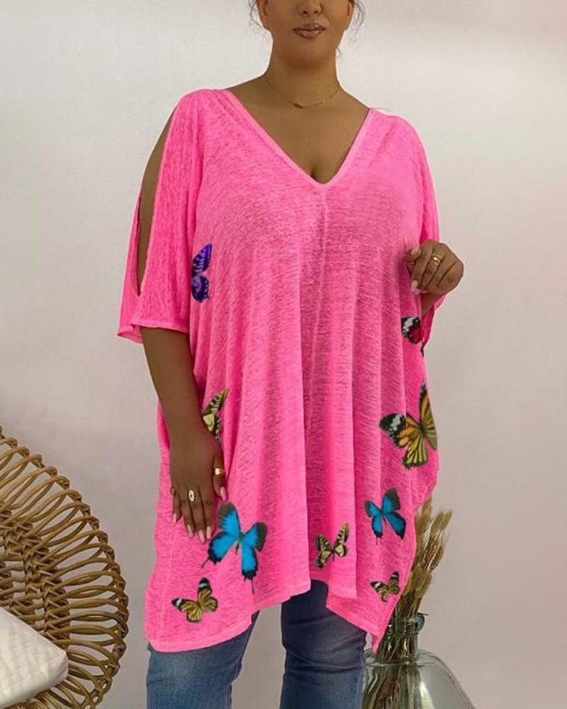 

Plus Size Butterfly Print Cold Shoulder Top, Pink