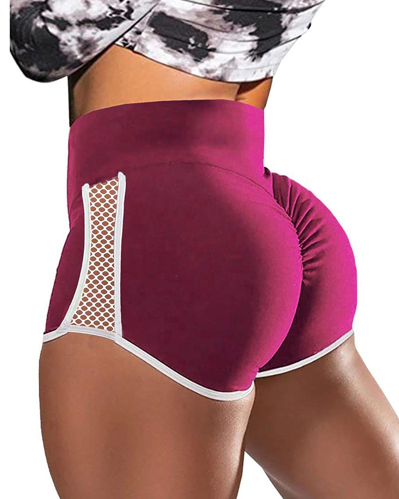 

High Waist Hollow Out Contrast Binding Butt Lifting Shorts, Hot pink