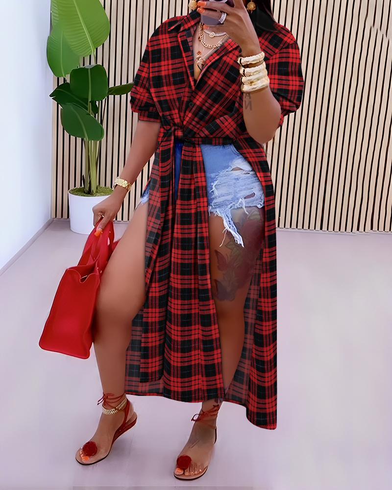 

Plaid Print High Slit Tied Detail Longline Top, Red