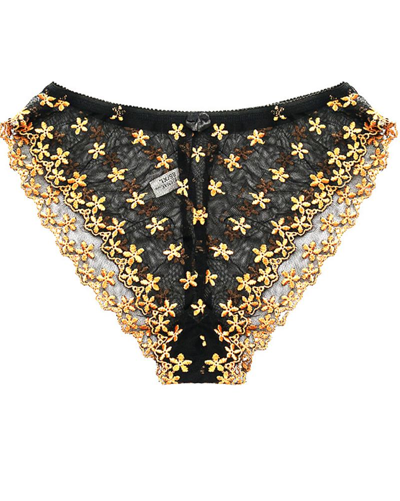 

Sexy Women Lace Floral Embroidered Low Waist Panties, Gold