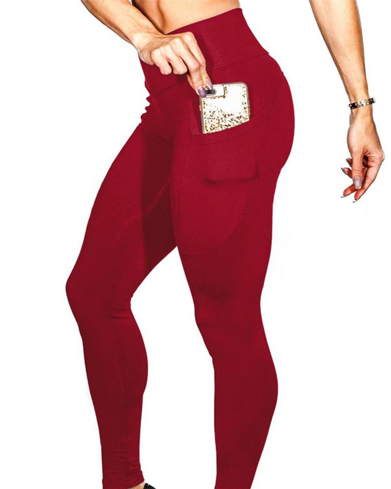 

High Waist Pocket Design Butt Lifting Yoga Pants, Wine red