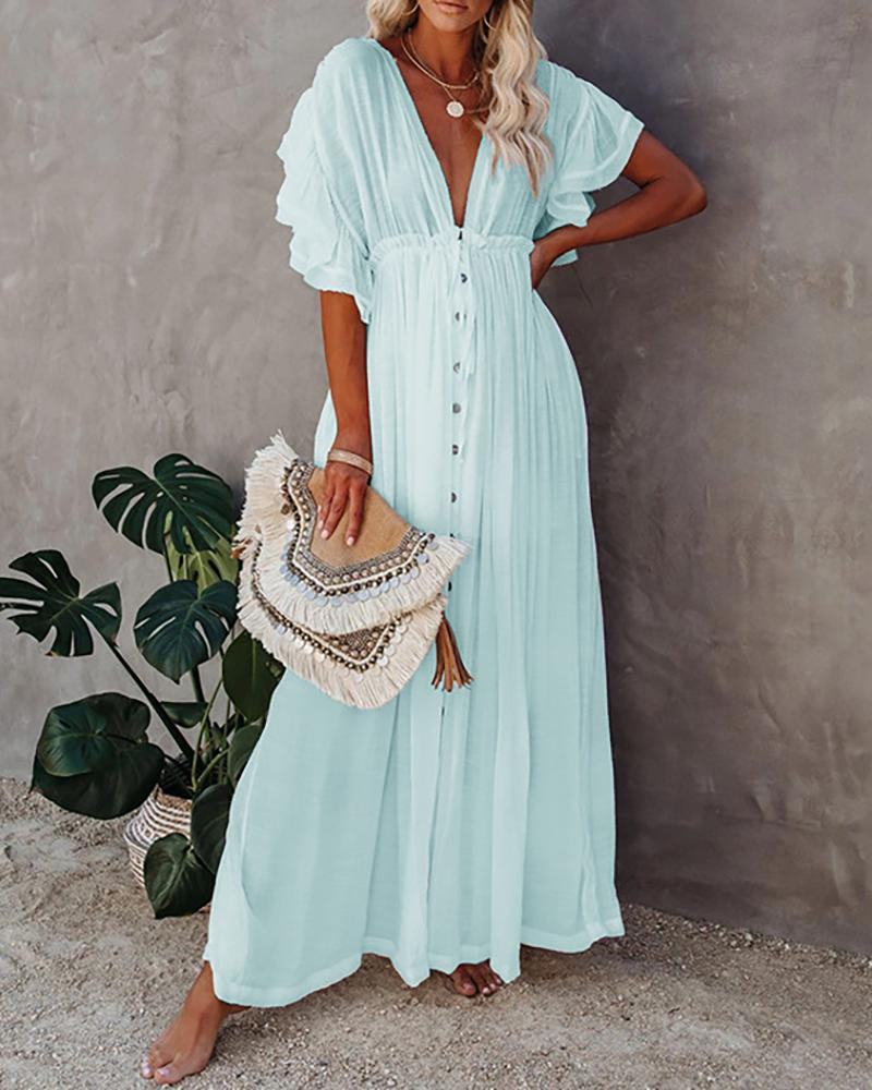 

Plain Ruffle Hem Button Design Backless Maxi Dress, Lighted blue